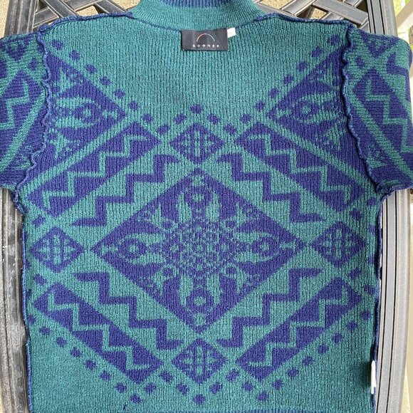 Vintage Bogner - Nordic Ski Sweater - 100% Wool - Geometric Navy Blue and Green - Picture 6 of 16